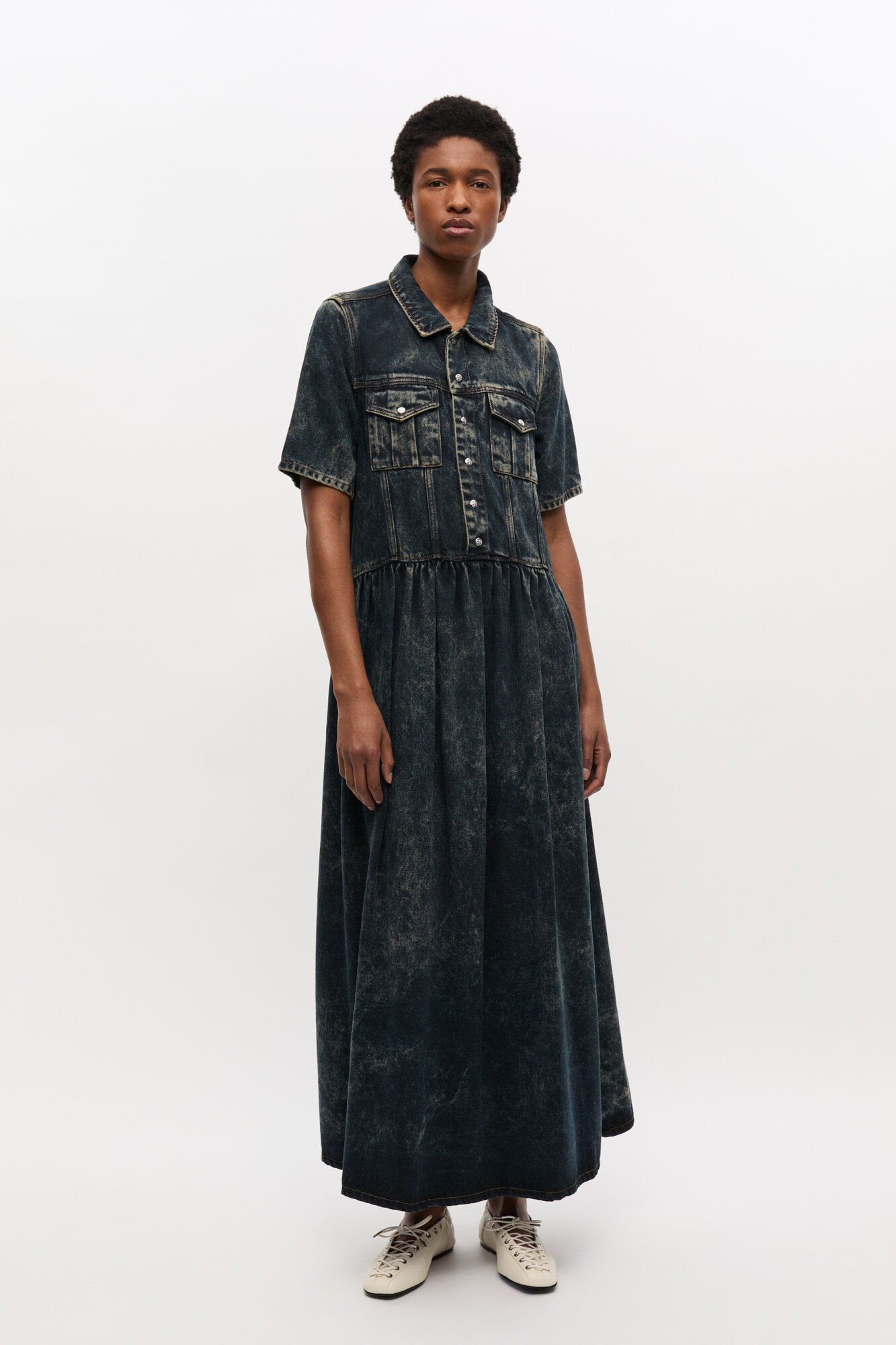 Black Washed Denim Dress, Tencel, in colour Black Washed - 1 - GANNI