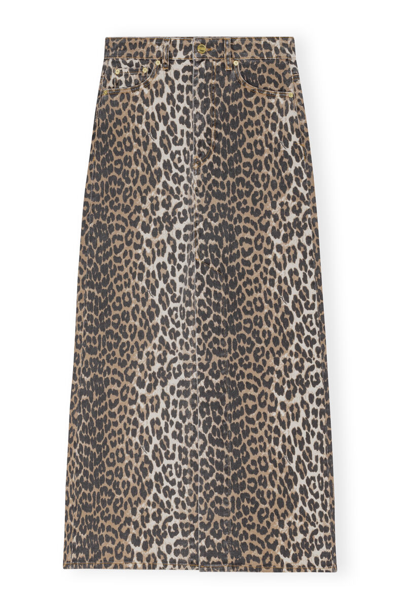 Leopard Denim Maxi Slit Nederdel, Cotton, in colour Leopard - 1 - GANNI