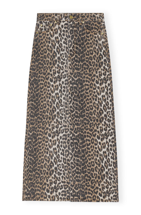 Leopard Denim Maxi Slit Skirt, Cotton, in colour Leopard - 1 - GANNI