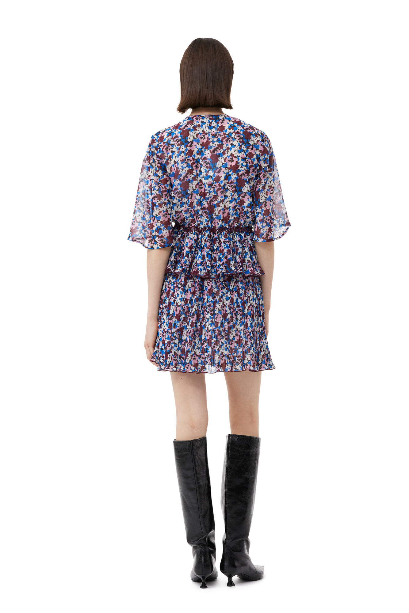 Multicolour Pleated Georgette V-neck Flounce Mini Dress, Recycled Polyester, in colour Multicolour - 2 - GANNI