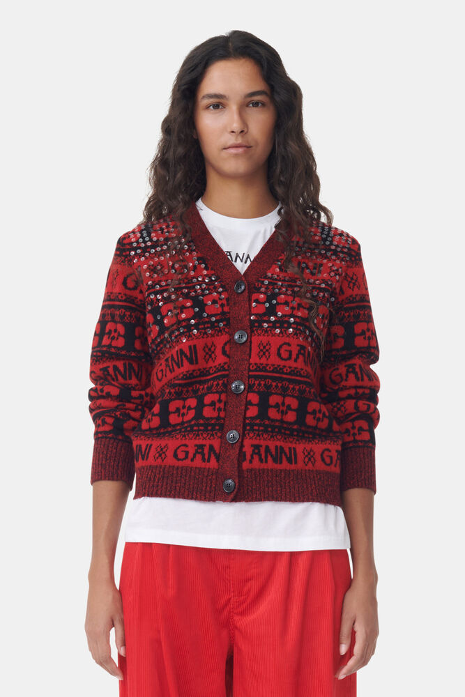 Red Sequins Logo Wool Mix Cardigan