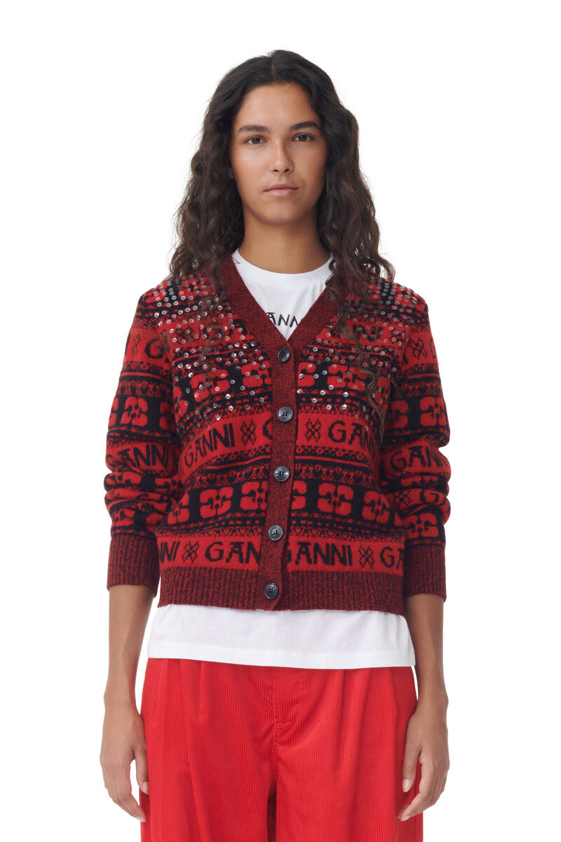 Cardigan Red Sequins Logo Wool Mix, Recycled Polyamide, in colour High Risk Red - 1 - GANNI