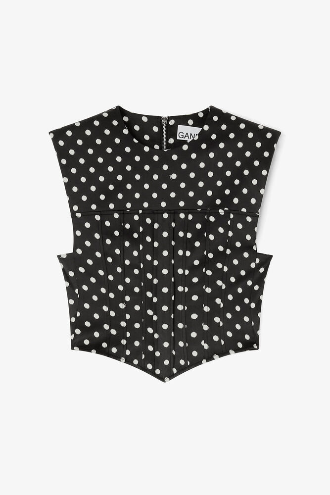 Polka-Dot Satin Corset Top, Black