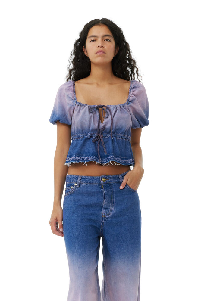 GANNI Purple Bleach Future Denim Puff Sleeve Top