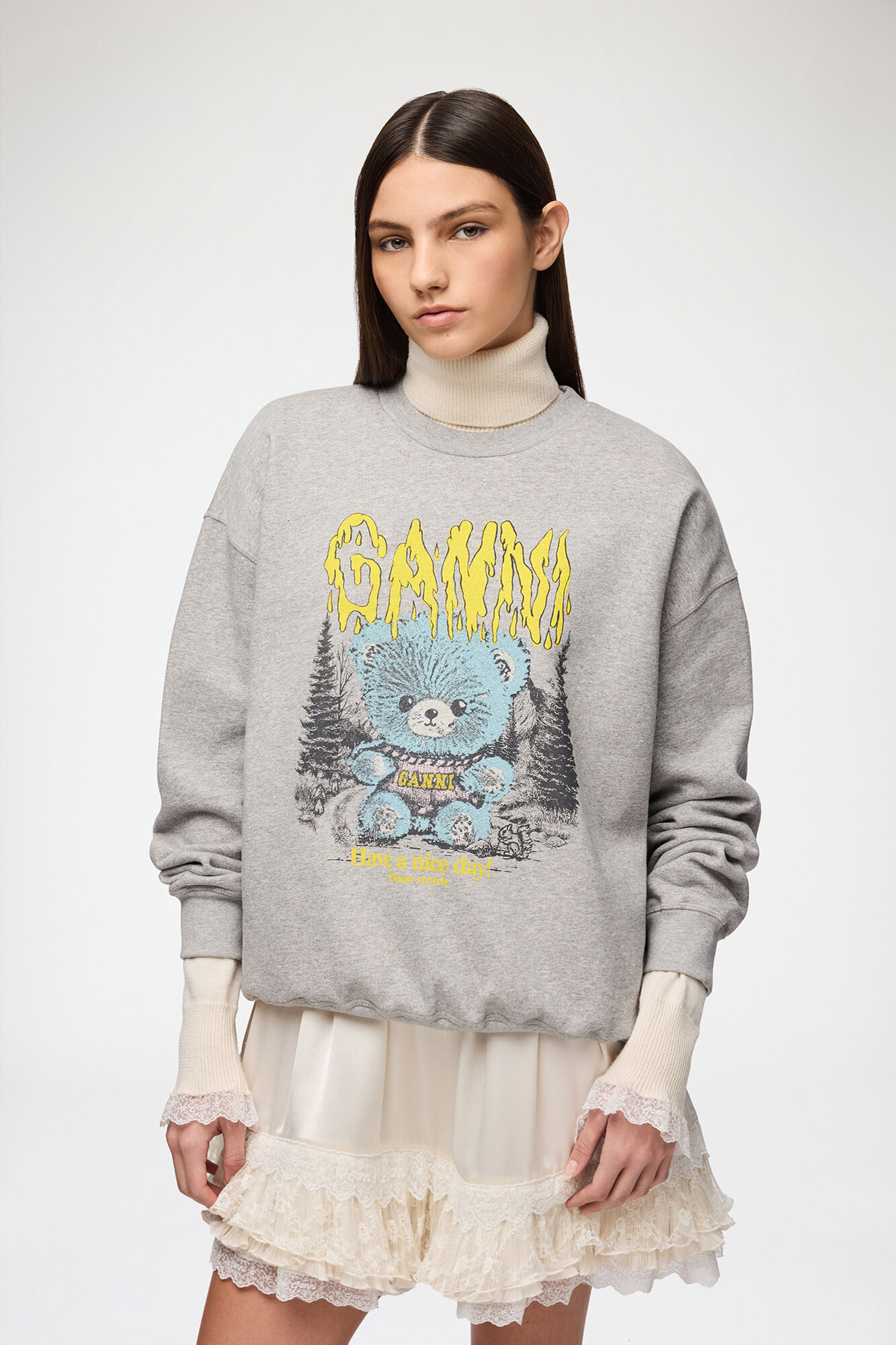 Sweatshirt with Forest Teddy, Organic Cotton, in colour Paloma - 1 - GANNI