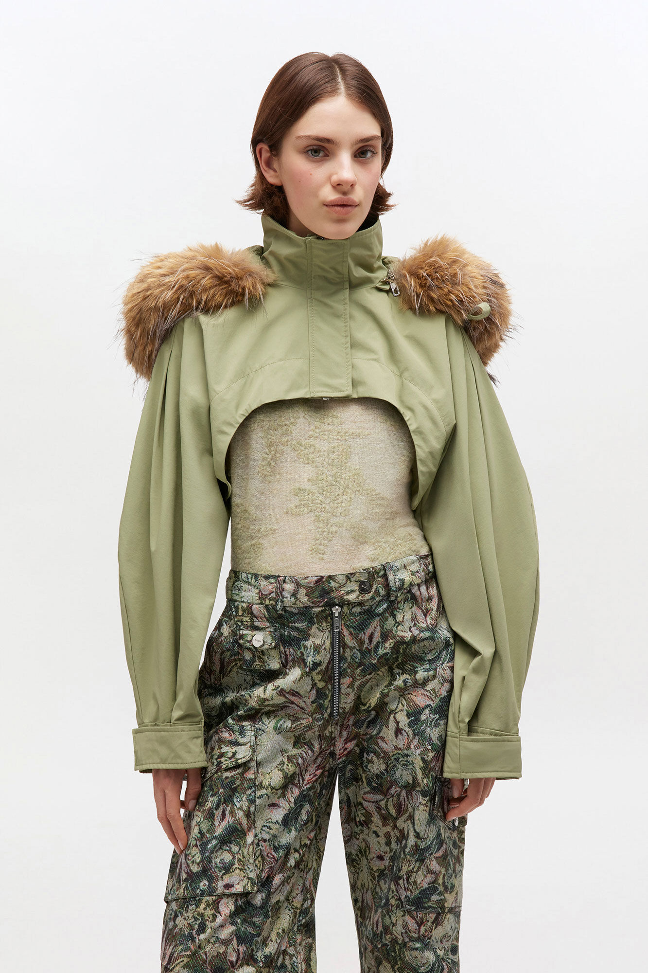 Green Tri-Layer Cropped Jacket, Nylon, in colour Boa - 1 - GANNI