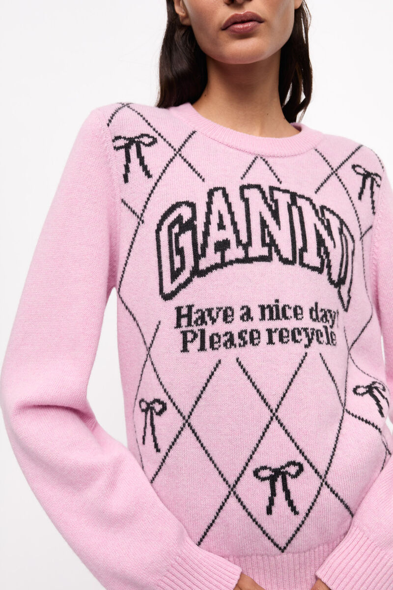 Pink Graphic Bow Sweater, Wool, in colour Mauve Chalk - 4 - GANNI