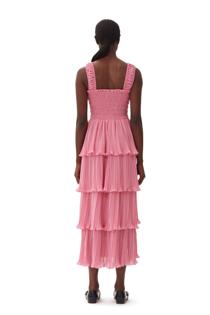 Pink Pleated Georgette Flounce Smock Midi Dress, Recycled Polyester, in colour Orchid Smoke - 4 - GANNI