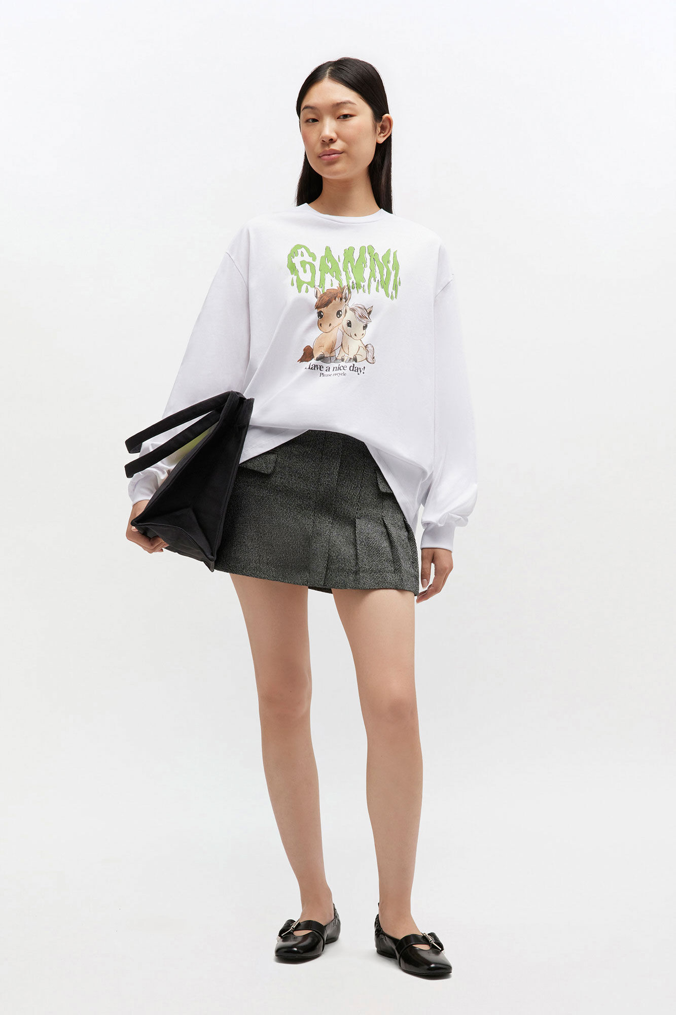 Haut &agrave; manches longues en coton blanc &agrave; motif graphique, Organic Cotton, in colour Bright White - 2 - GANNI