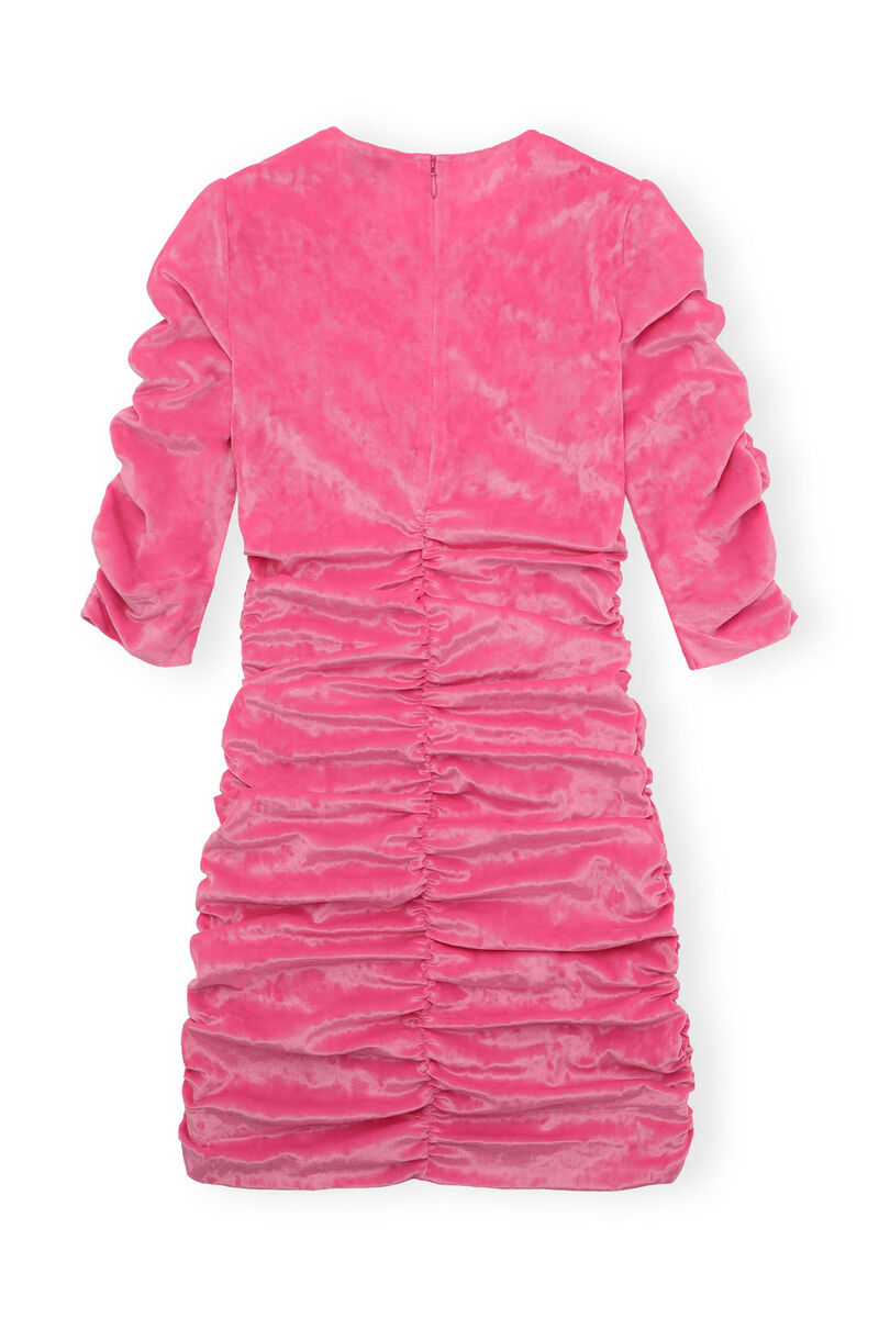 Velvet O-neck Dress, in colour Shocking Pink - 2 - GANNI