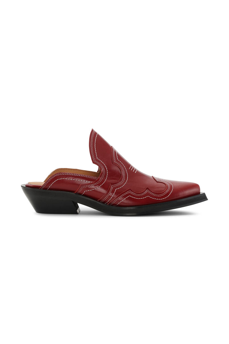 Embroidered Western Mules, Calf Leather, in colour Barbados Cherry - 1 - GANNI