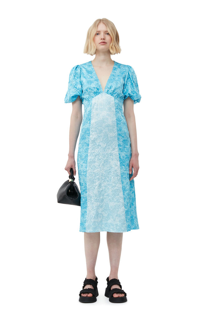 Crinkled Satin Midi Dress, Ethereal Blue