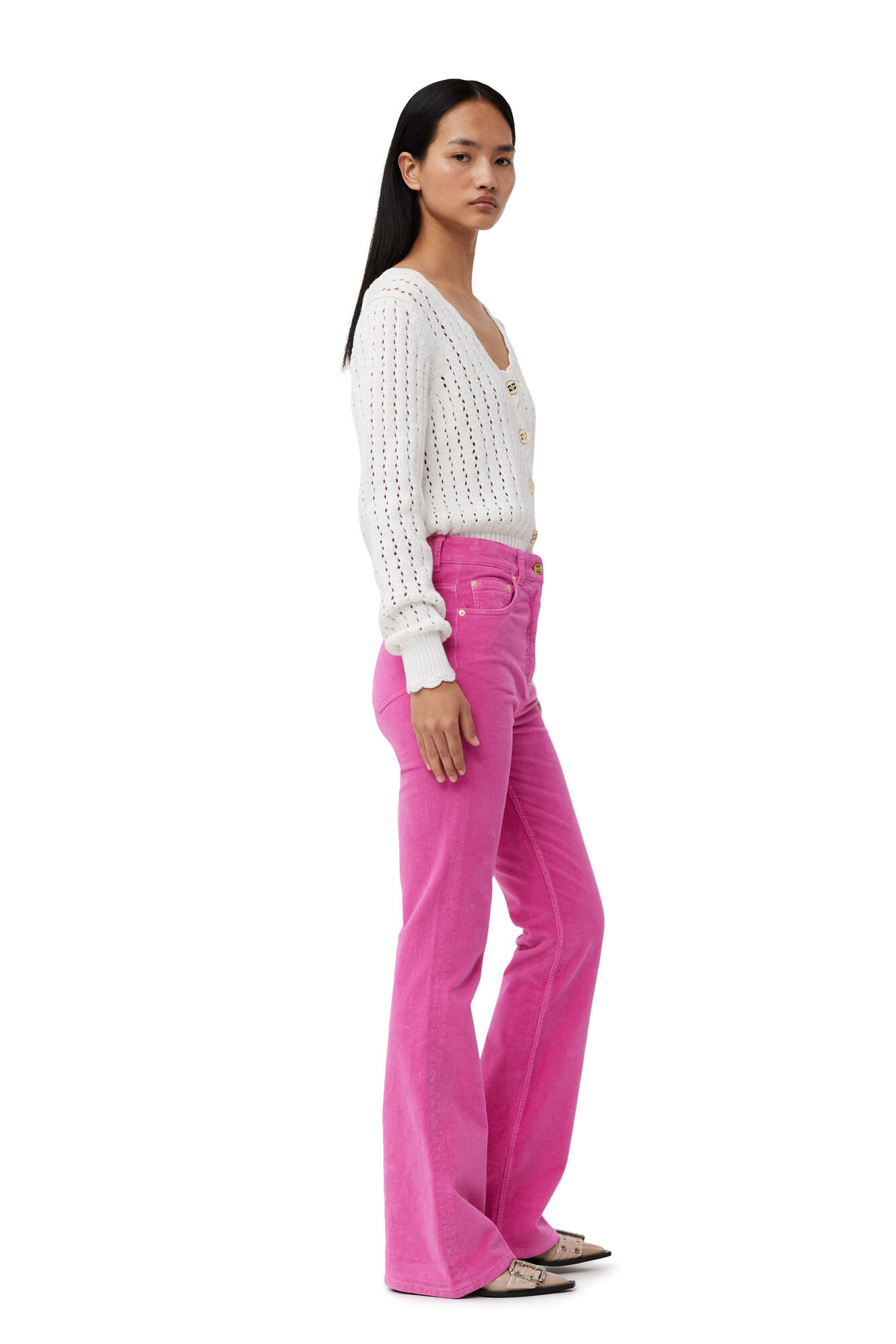 Pink Washed Corduroy Iry Trousers, Elastane, in colour Orchid Smoke - 3 - GANNI