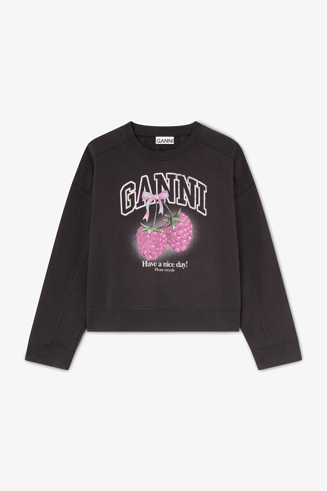 Crewneck with Raspberries, Organic Cotton, in colour Phantom - 1 - GANNI