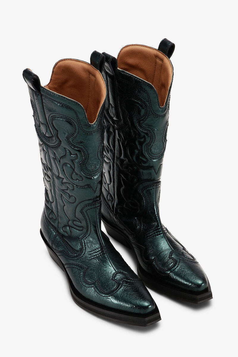 Bottes western vertes métallisées à tige mi-haute et broderies, Polyurethane, in colour Climbing Ivy - 2 - GANNI