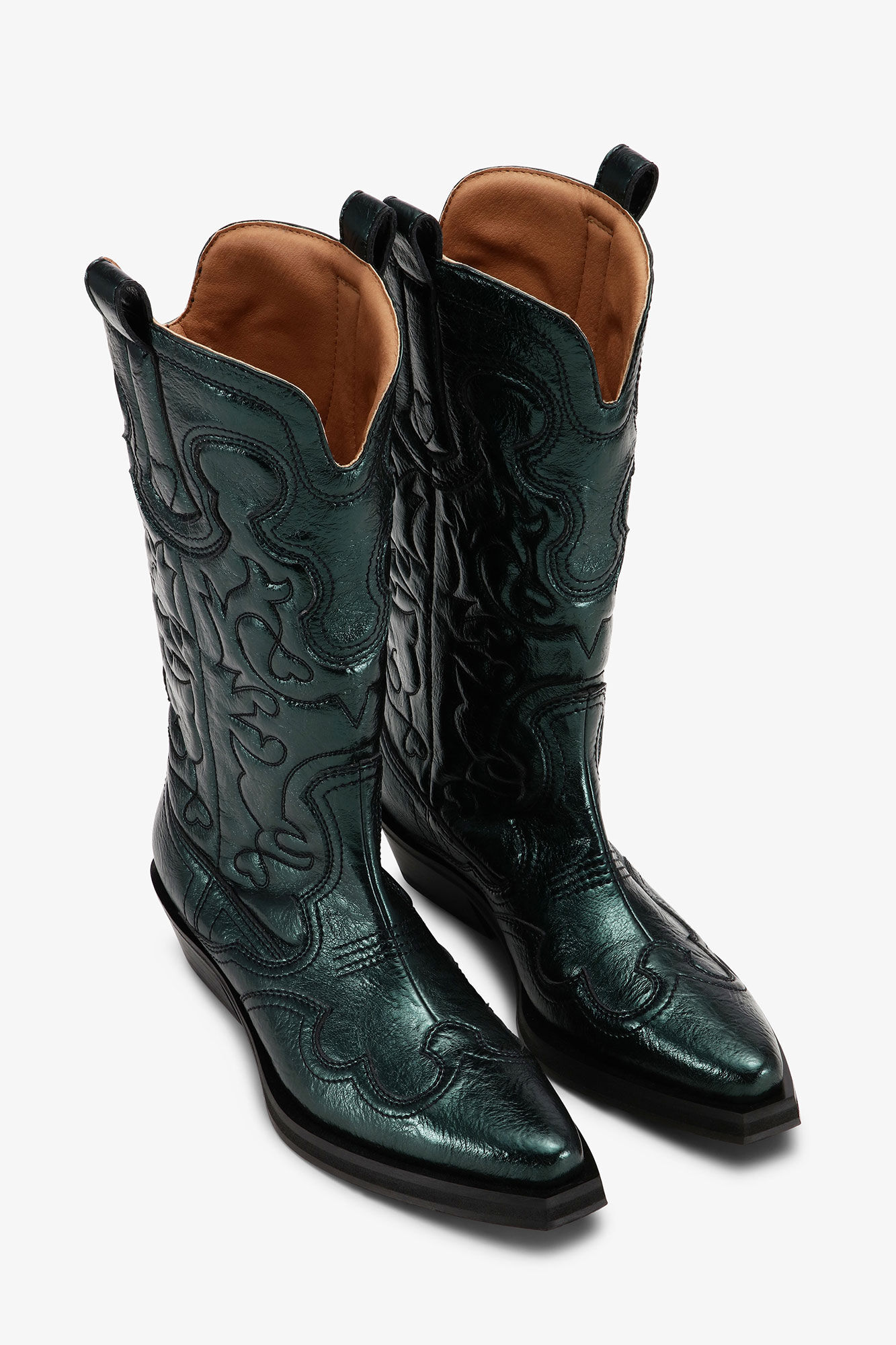 Bottes western vertes métallisées à tige mi-haute et broderies, Polyurethane, in colour Climbing Ivy - 2 - GANNI