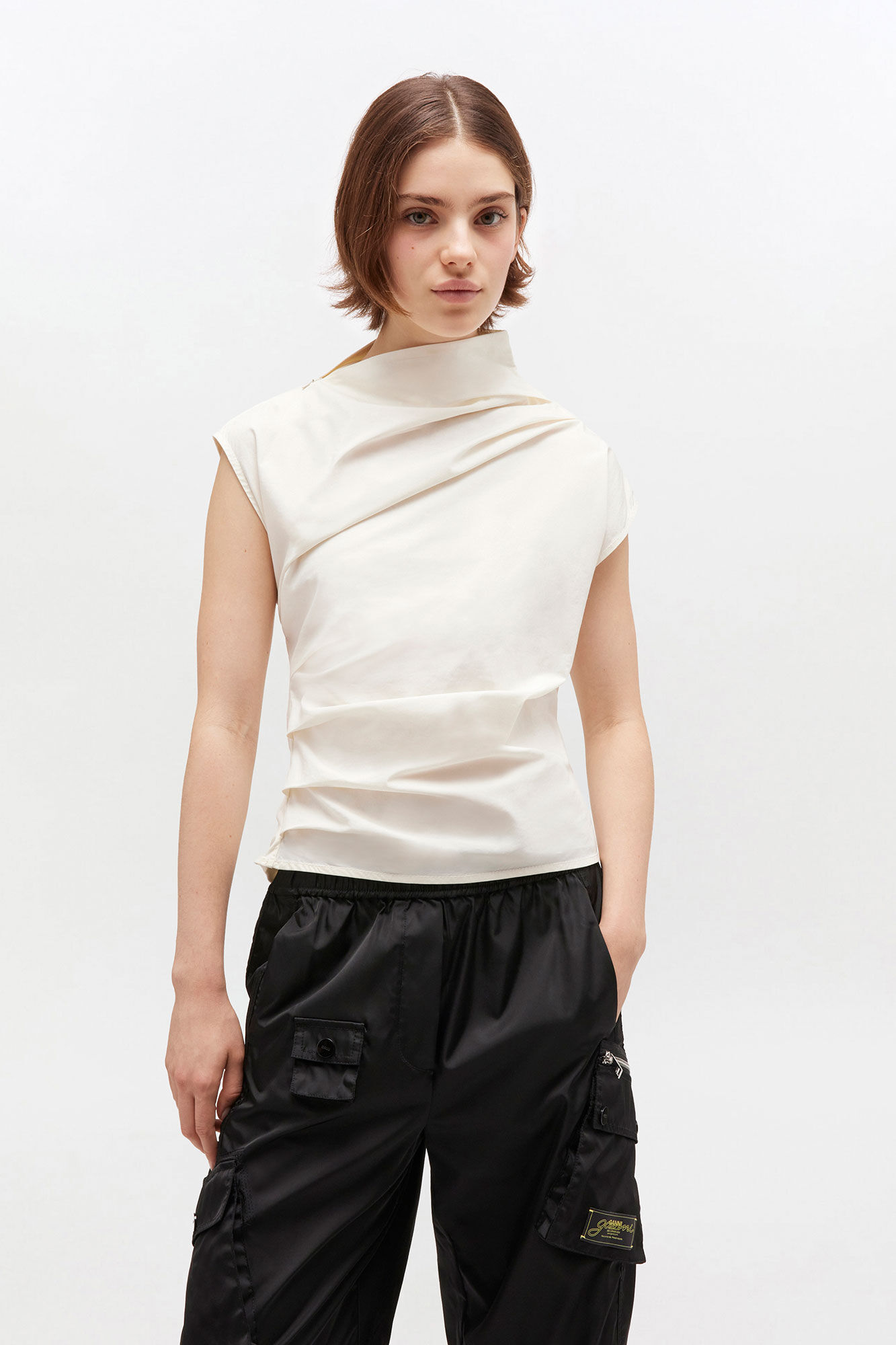 Ivory Ruched Top, Elastane, in colour Egret - 2 - GANNI