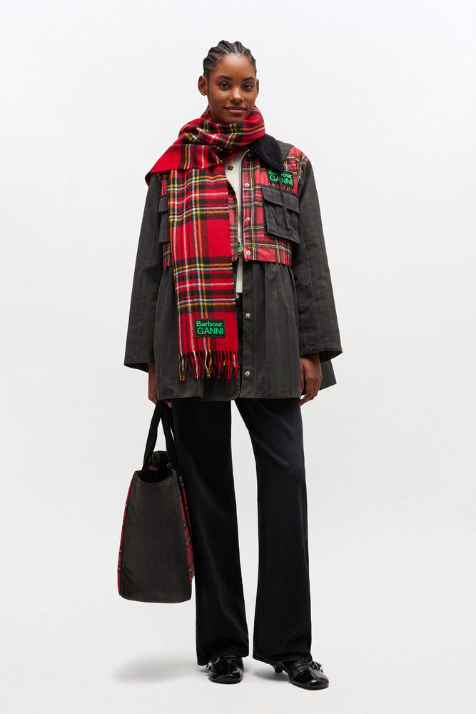 Peplum Wax Jacket in Tartan, Dark Green