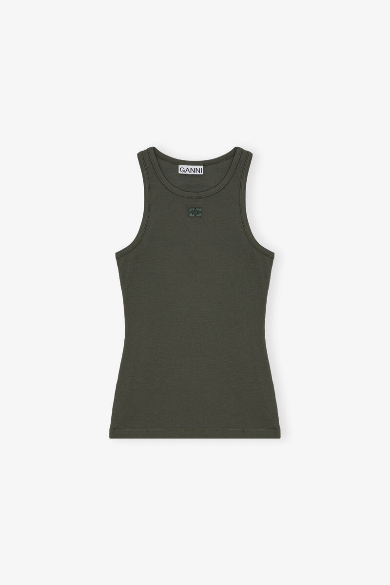 Green Soft Cotton Rib Tank Top, Elastane, in colour Climbing Ivy - 1 - GANNI