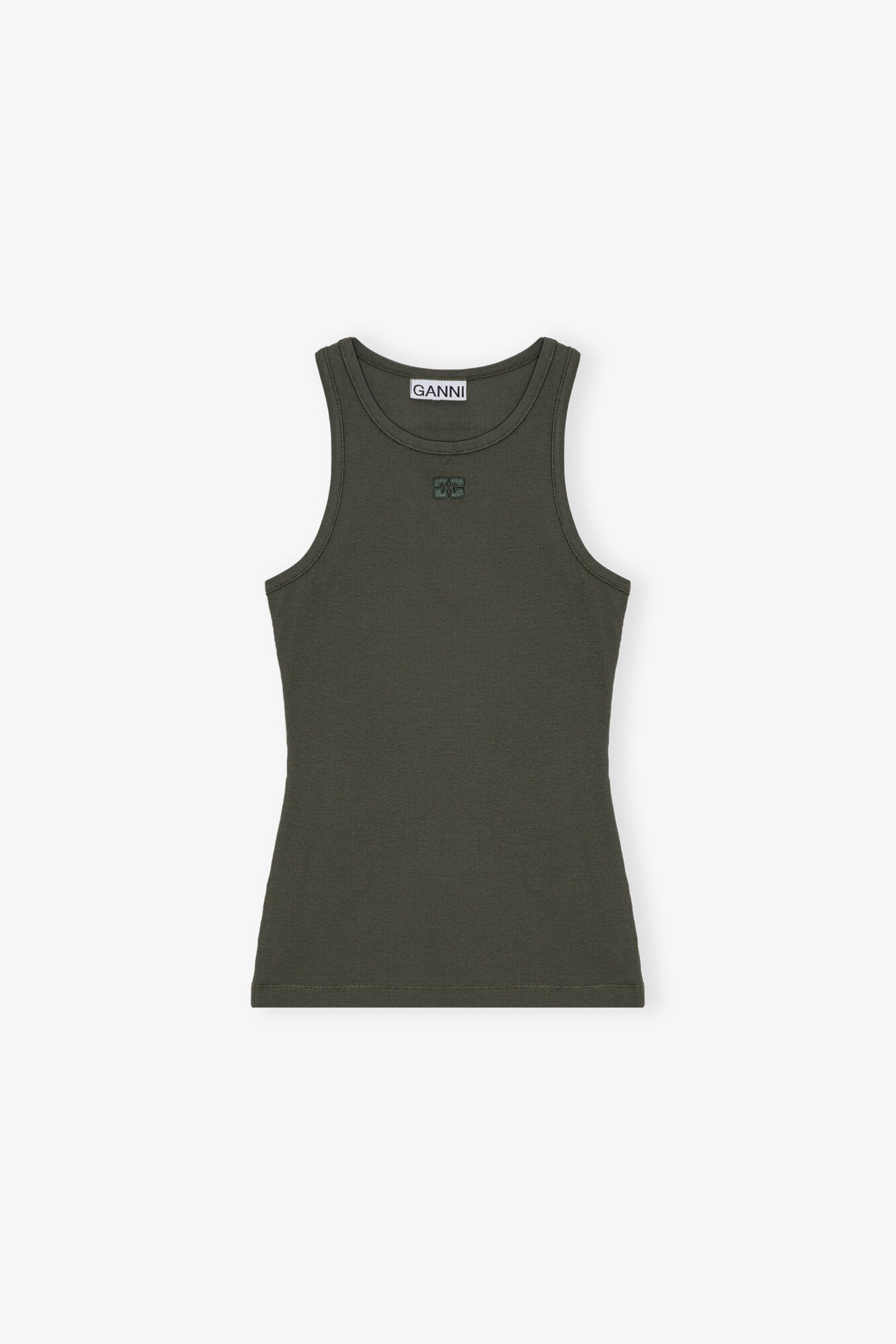 Green Soft Cotton Rib Tank Top, Elastane, in colour Climbing Ivy - 1 - GANNI