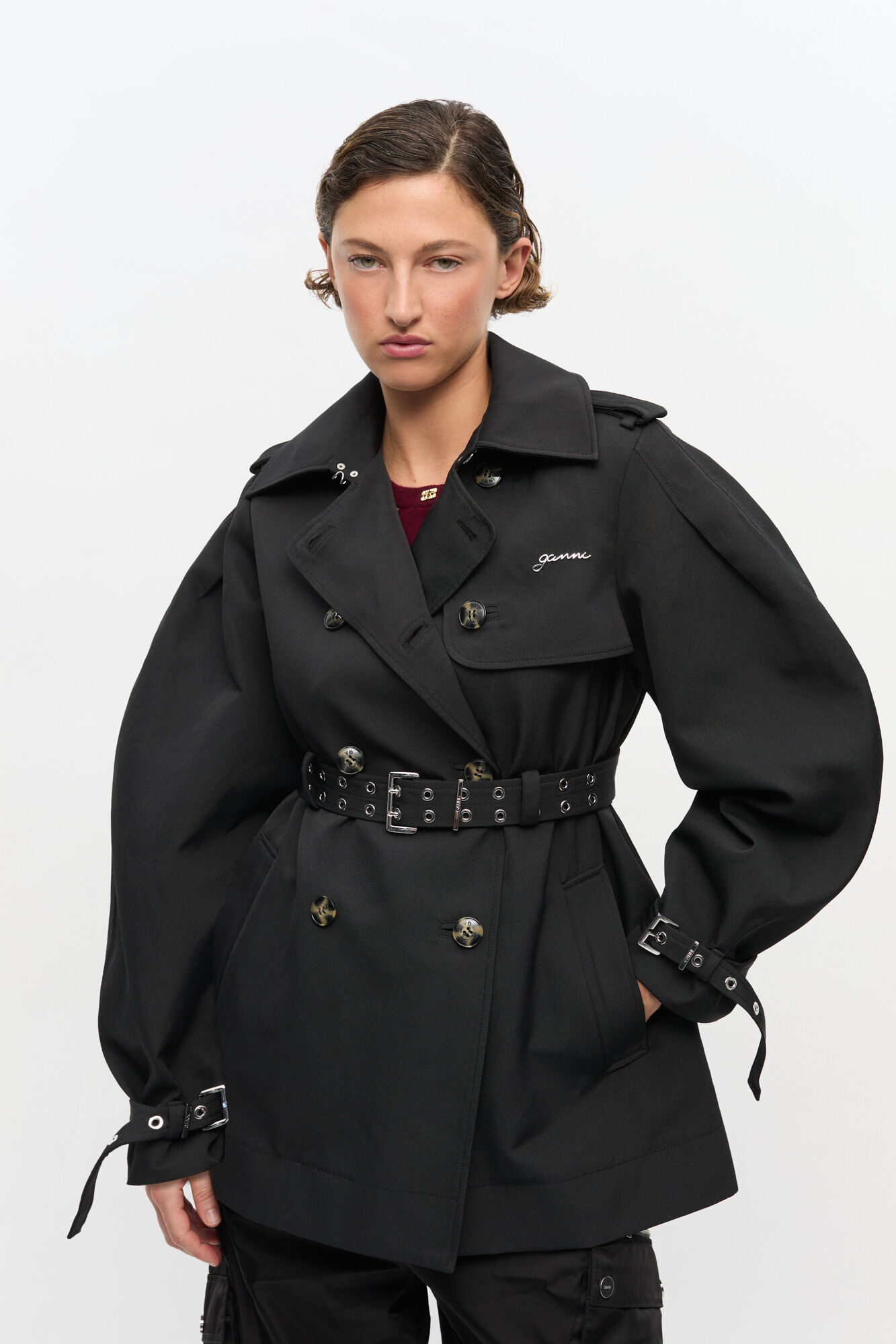 Black Heavy Twill Midi Trench Coat, Recycled Polyester, in colour Black - 1 - GANNI