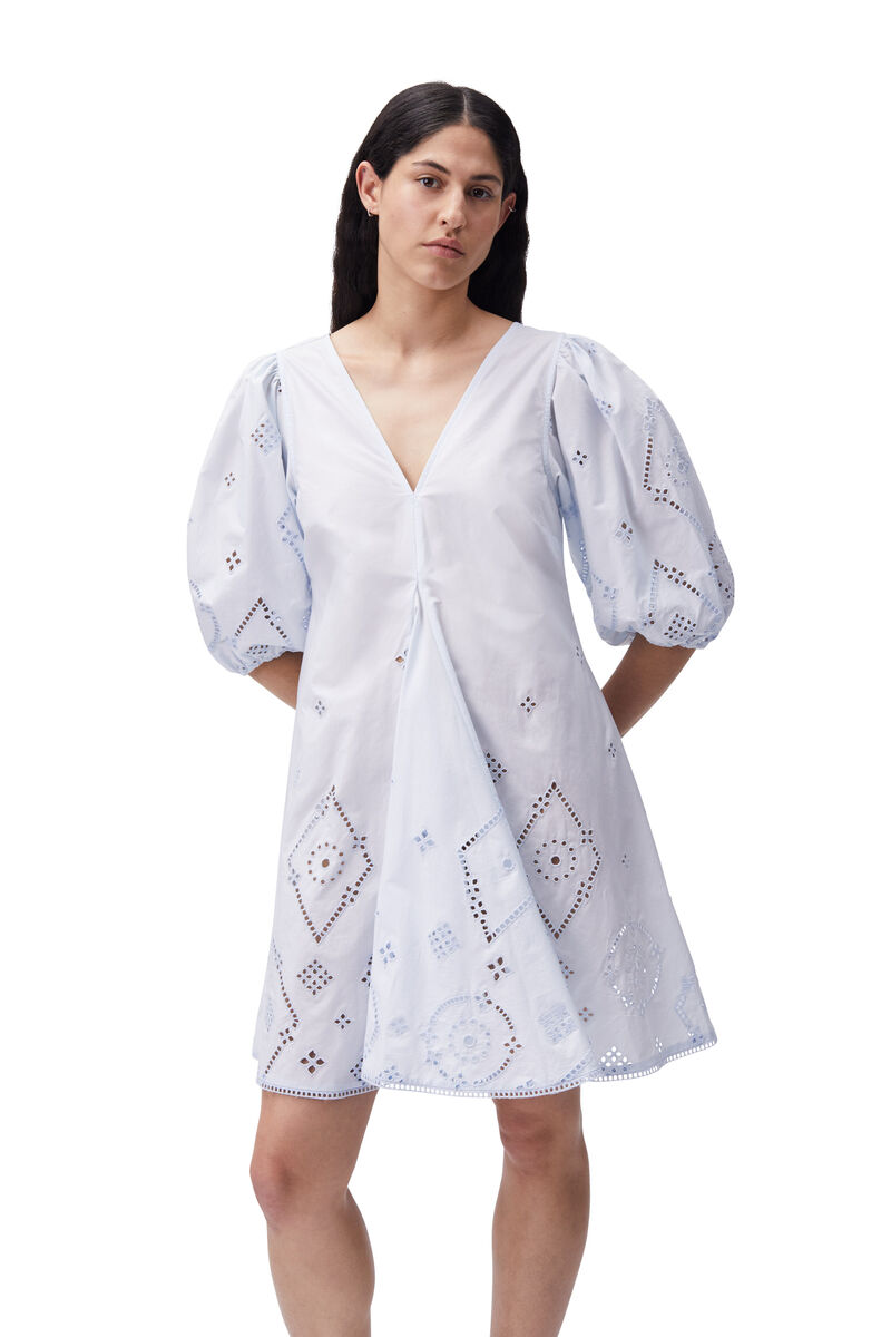 Broderie Anglaise V-Neck Midi Dress, Cotton, in colour Illusion Blue - 4 - GANNI