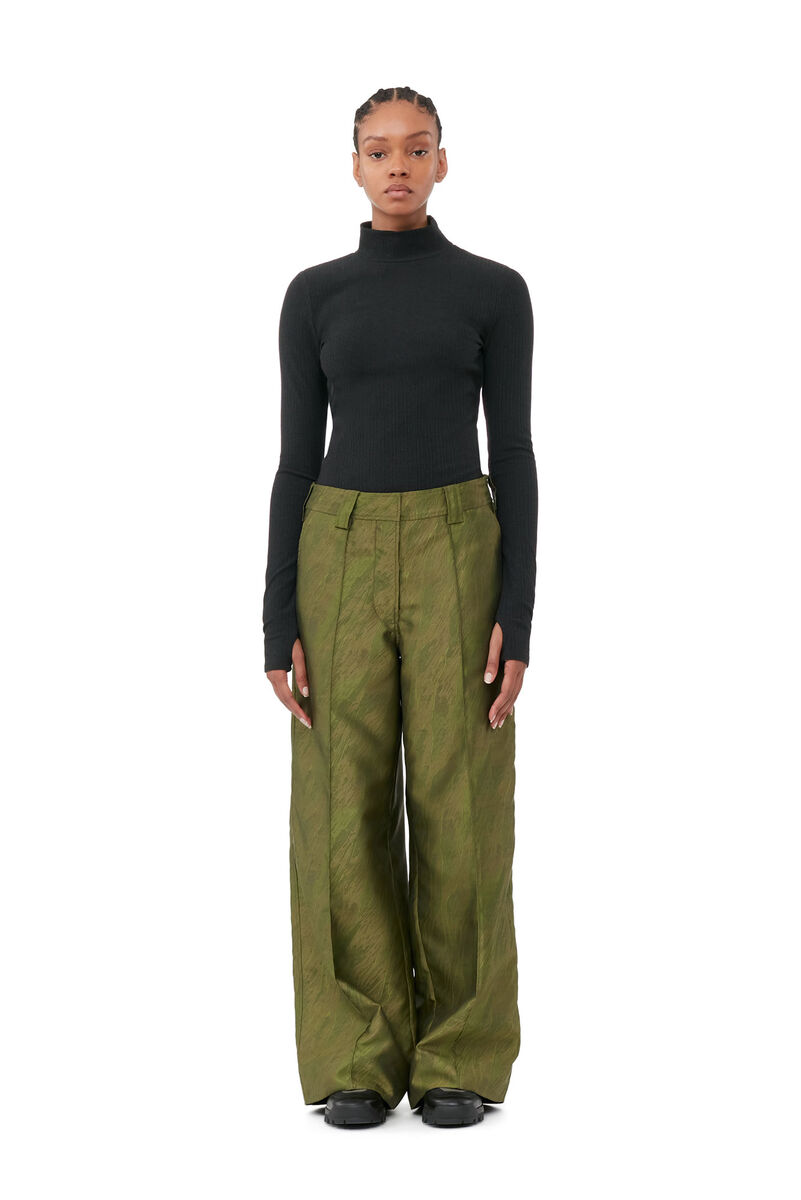 Shiny Jacquard Lowrise Trousers, Polyester, in colour Avocado - 1 - GANNI