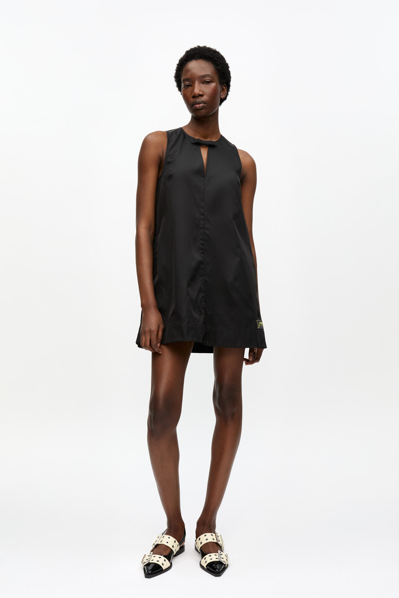 Black Duchesse Nylon Mini Dress, Polyurethane, in colour Black - 1 - GANNI