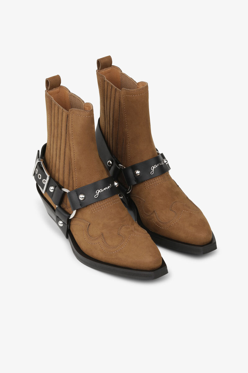 Brown Suede Low Cut Western Chelsea Boots, Polyurethane, in colour Tobacco Brown - 2 - GANNI
