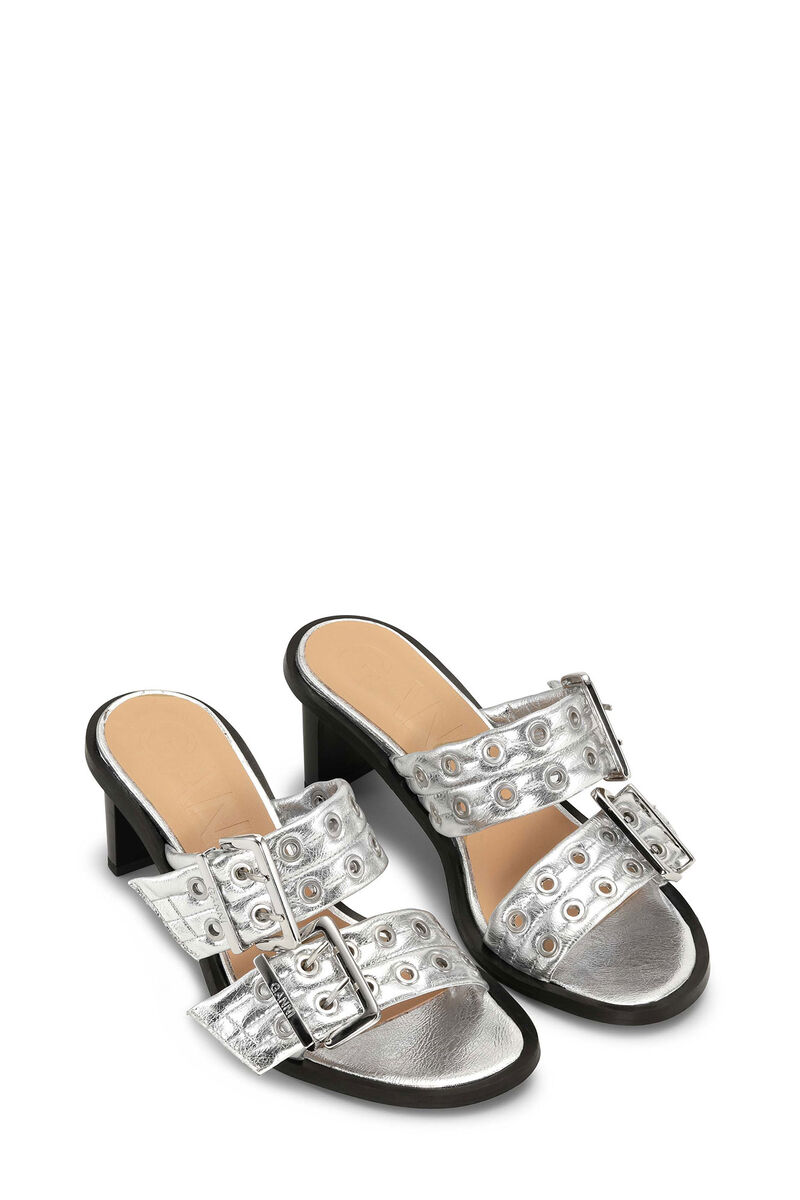 White Feminine Buckle Heeled Mule Sandals, in colour Silver - 2 - GANNI