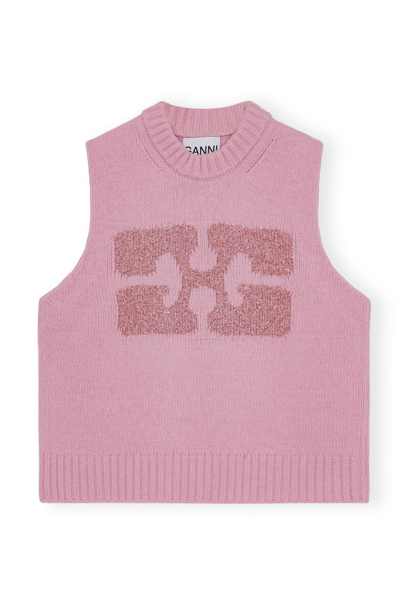 Pink Graphic Wool Mix Vest, Metallic, in colour Fragrant Lilac - 1 - GANNI