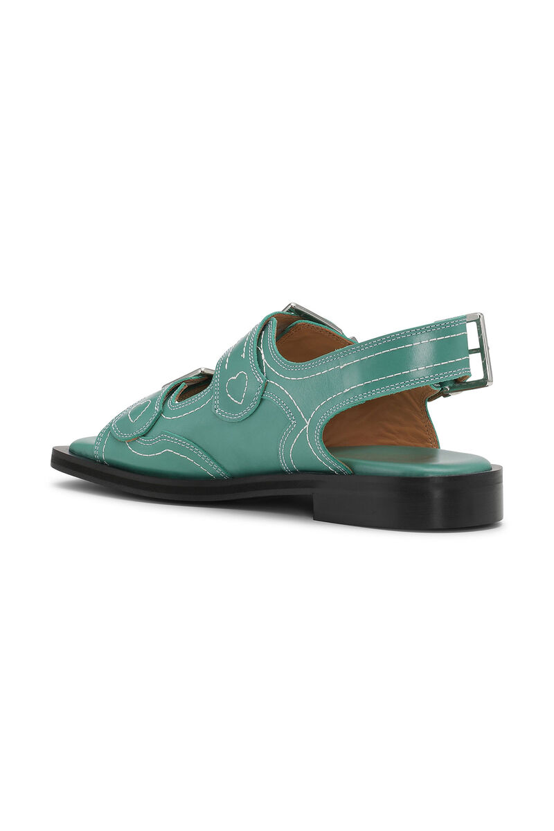 Embroidered Western Sandals, Calf Leather, in colour Bottle Green - 2 - GANNI
