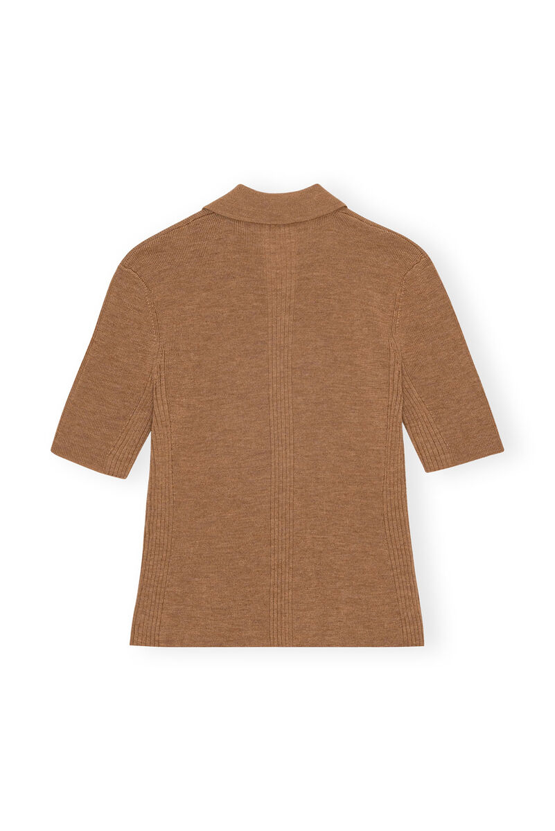 Brown Ribbed Merino Short Sleeve Poloshirt, Merino Wool, in colour Safari - 2 - GANNI