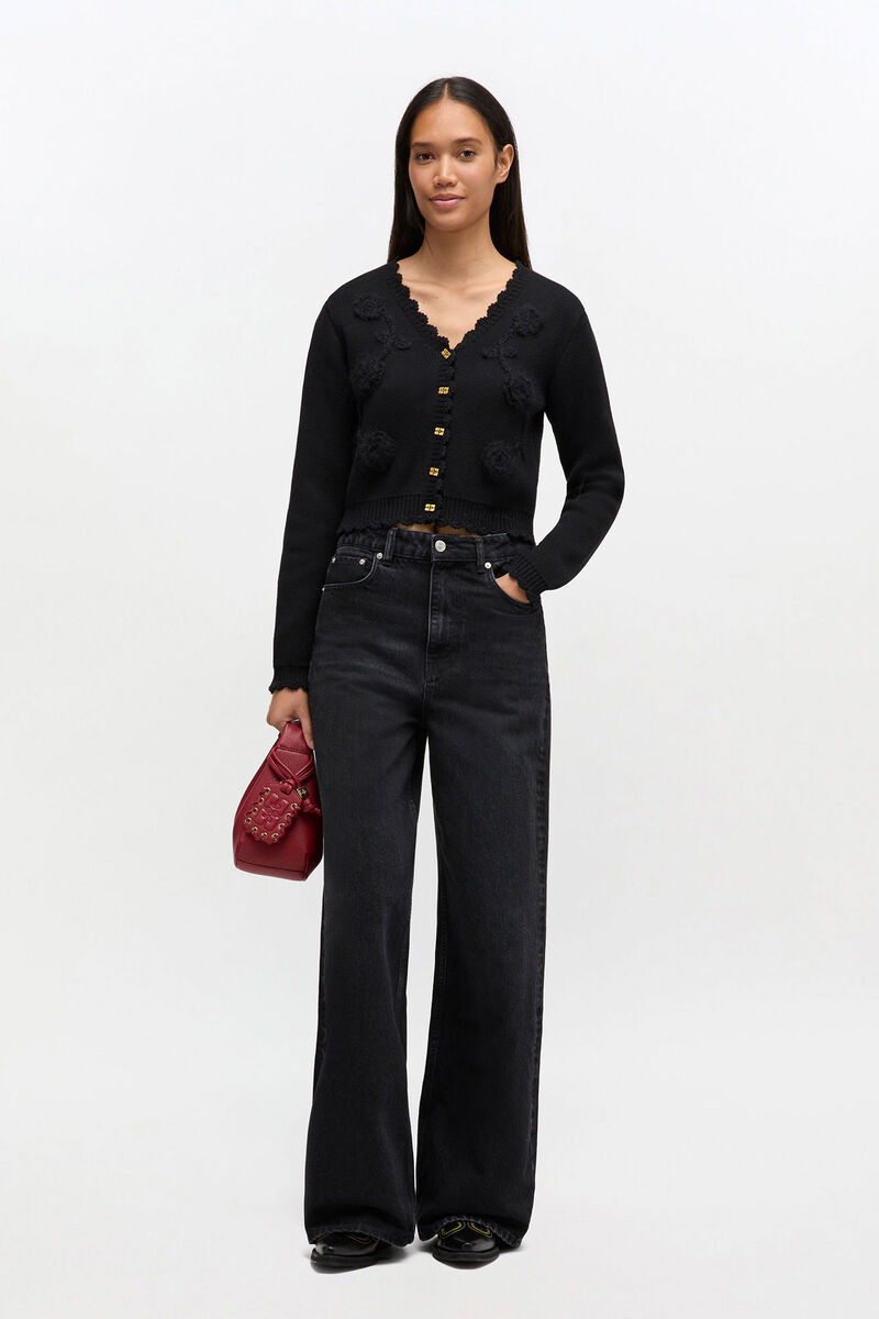 Black Crochet Applique Cardigan, Recycled Polyester, in colour Black - 2 - GANNI