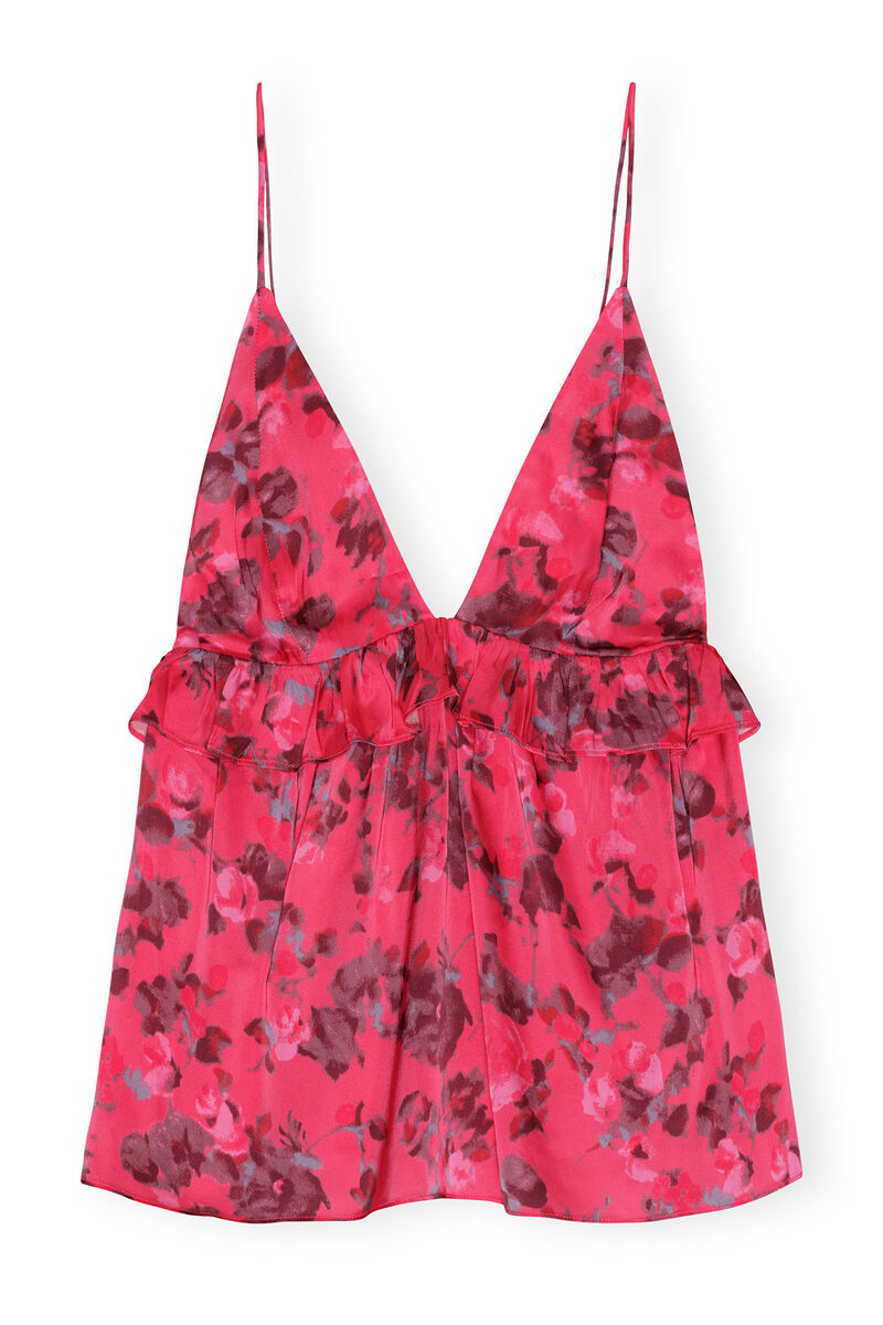Red Floral Printed Satin Strap Top, in colour Raspberry Wine - 1 - GANNI