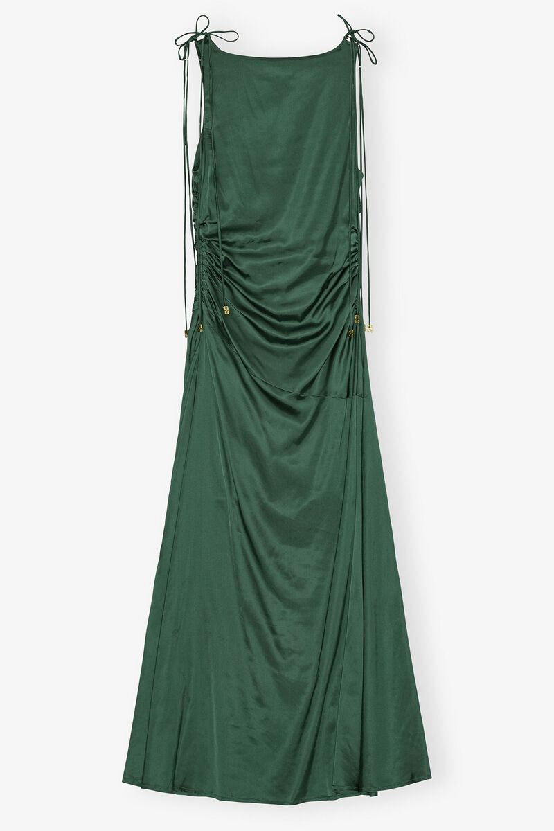 Robe froncée en satin vert, Elastane, in colour Pineneedle - 2 - GANNI