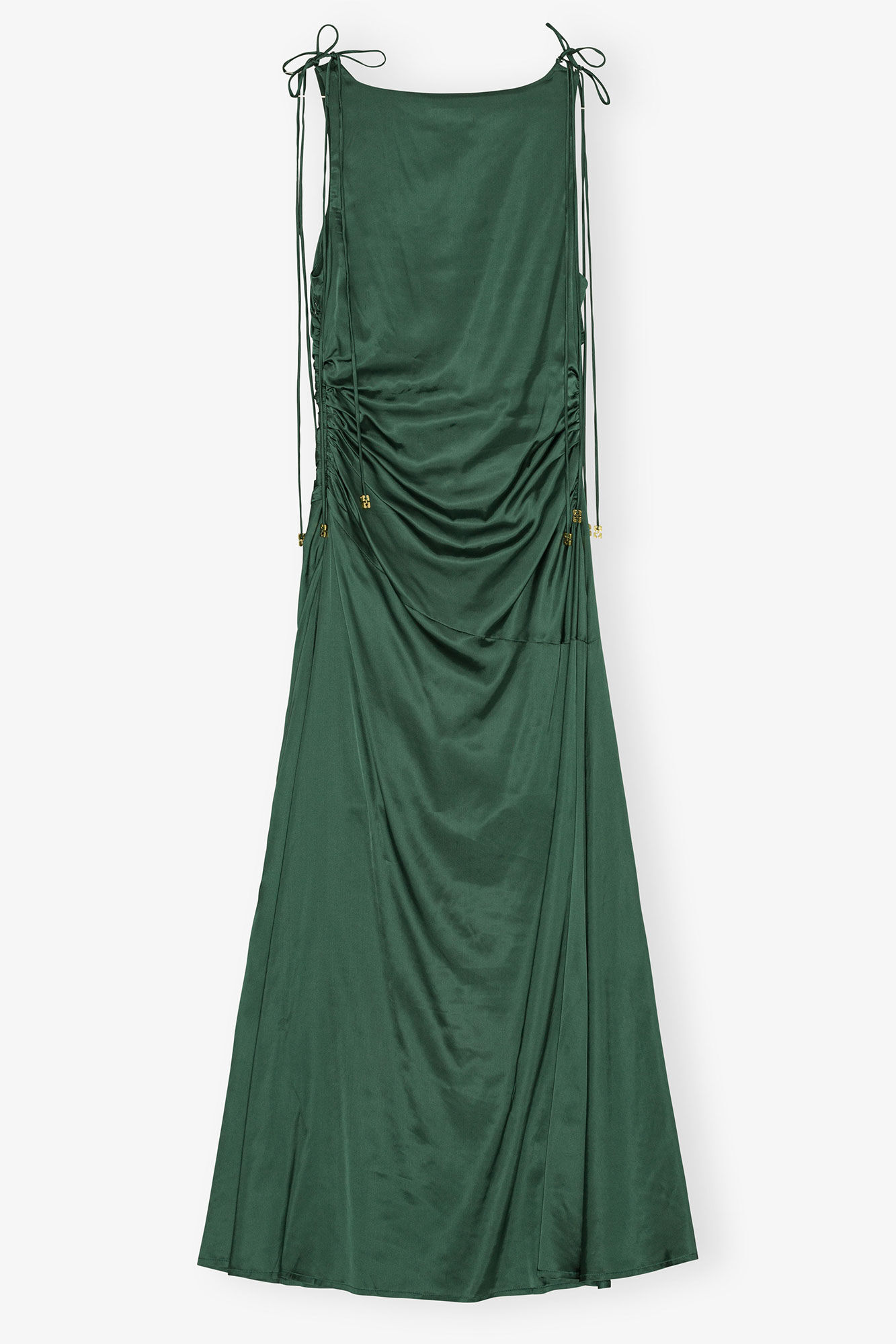 Green Satin Gathered Dress, Elastane, in colour Pineneedle - 2 - GANNI