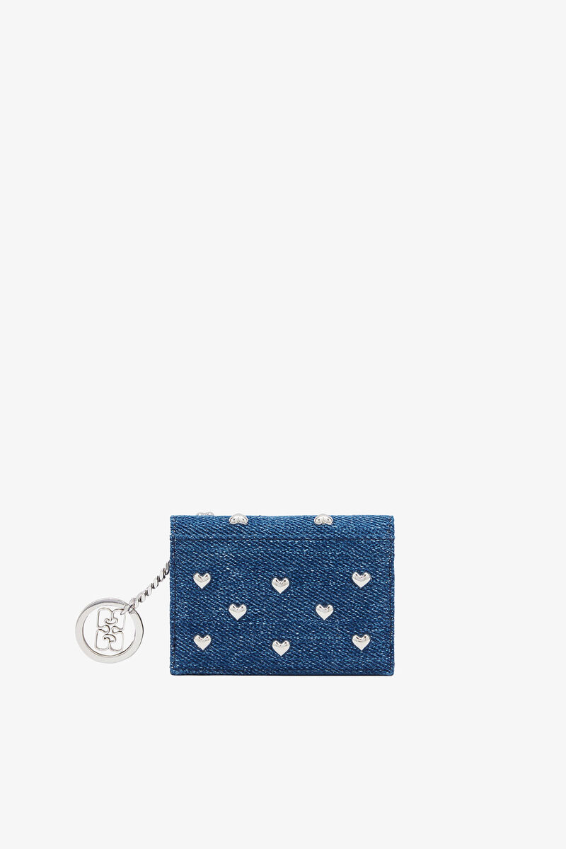 Bou Card Holder With Flap Heart Studs in Denim, Recycled Cotton, in colour Faded Denim - 2 - GANNI