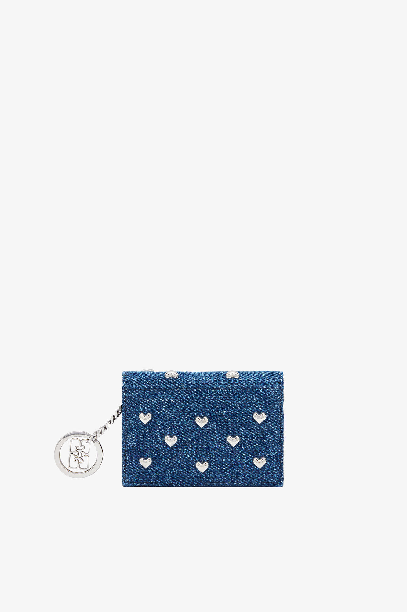 Bou Card Holder With Flap Heart Studs in Denim, Recycled Cotton, in colour Faded Denim - 2 - GANNI