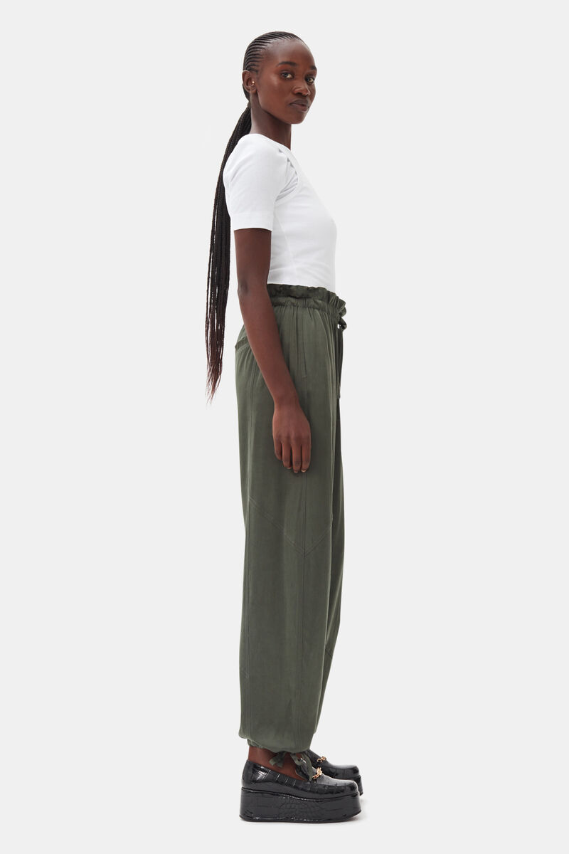Green Washed Satin Pants, Cupro, in colour Climbing Ivy - 2 - GANNI