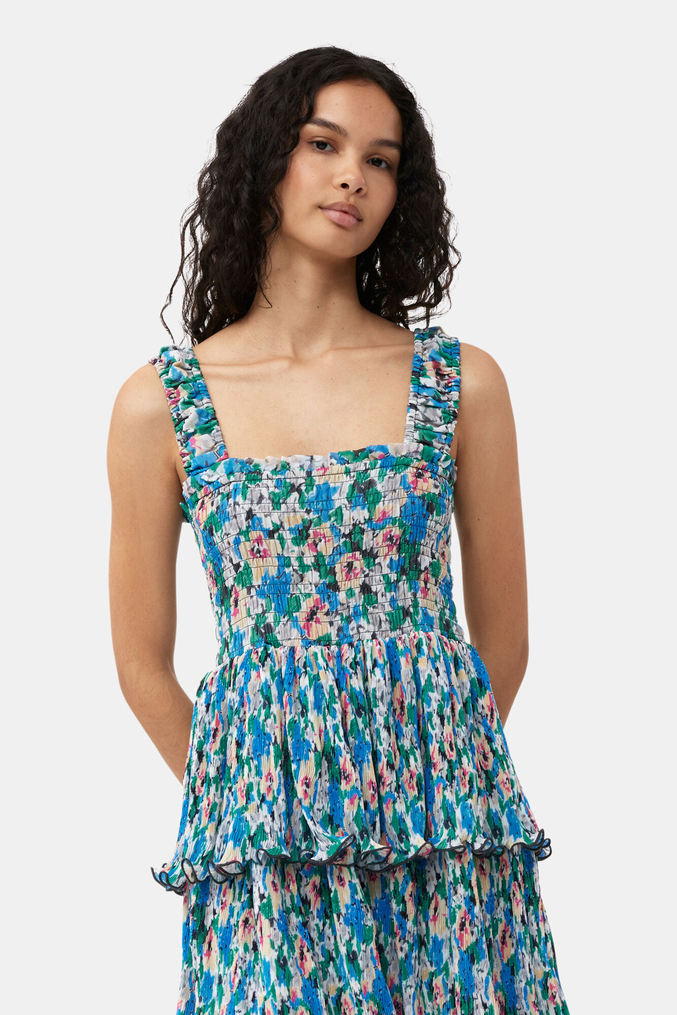 Pleated Georgette Smock Midi Dress, Recycled Polyester, in colour Floral Azure Blue - 4 - GANNI