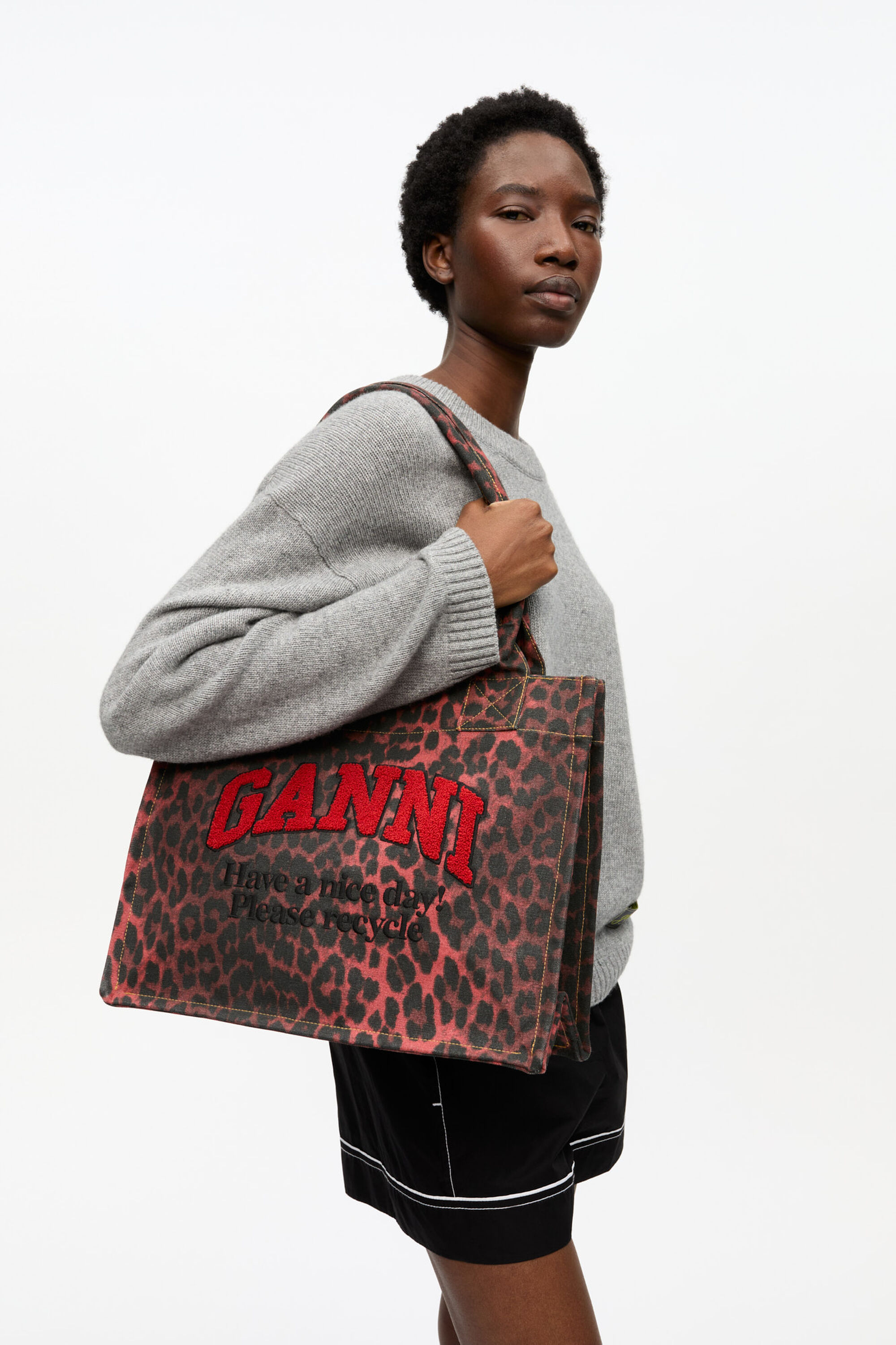 Ganni Leopard Shopper Bag Ganni Easy Printed Recycled Canvas Small