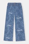 Printed Laser Denim Laser Denim Embroided Mid Waist Belt Pants, Cotton, in colour Light Denim - 1 - GANNI