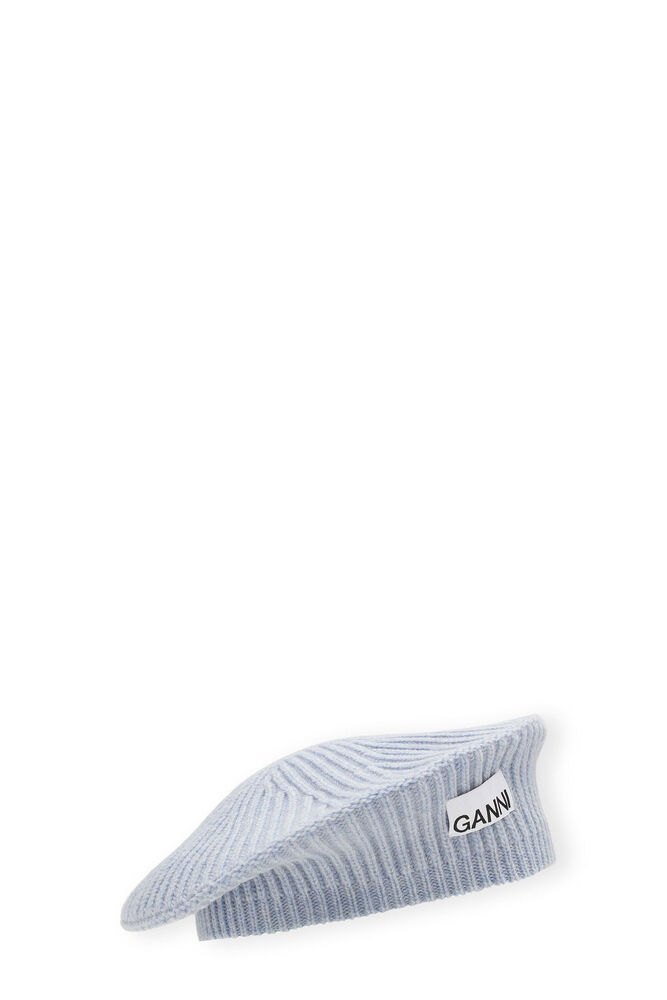 Blue Wool Rib Knit Beret, Silver Lake Blue