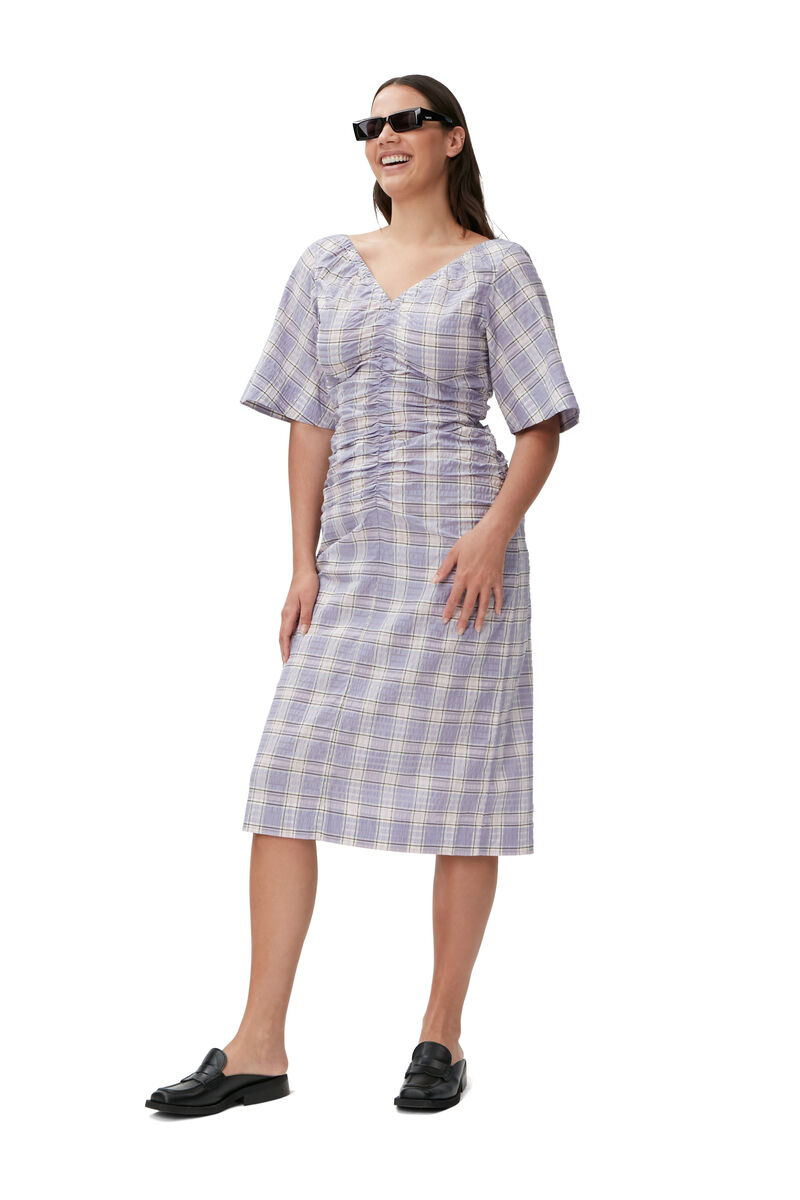 Seersucker Midi Dress, Organic Cotton, in colour Check Persian Violet - 1 - GANNI