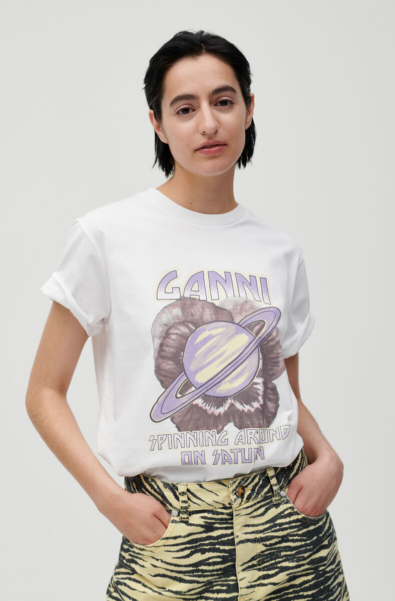 Spinning Around On Saturn grafisk T-shirt, Cotton, in colour Bright White - 1 - GANNI