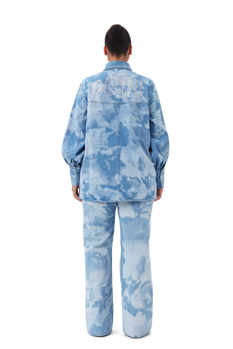 Blue Bleach Denim Shirt, Organic Cotton, in colour Light Blue Stone - 8 - GANNI