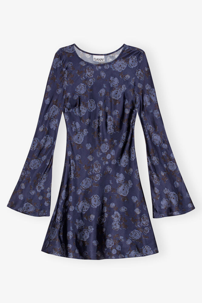 Dark Blue Floral Printed Mini Dress, Peacoat