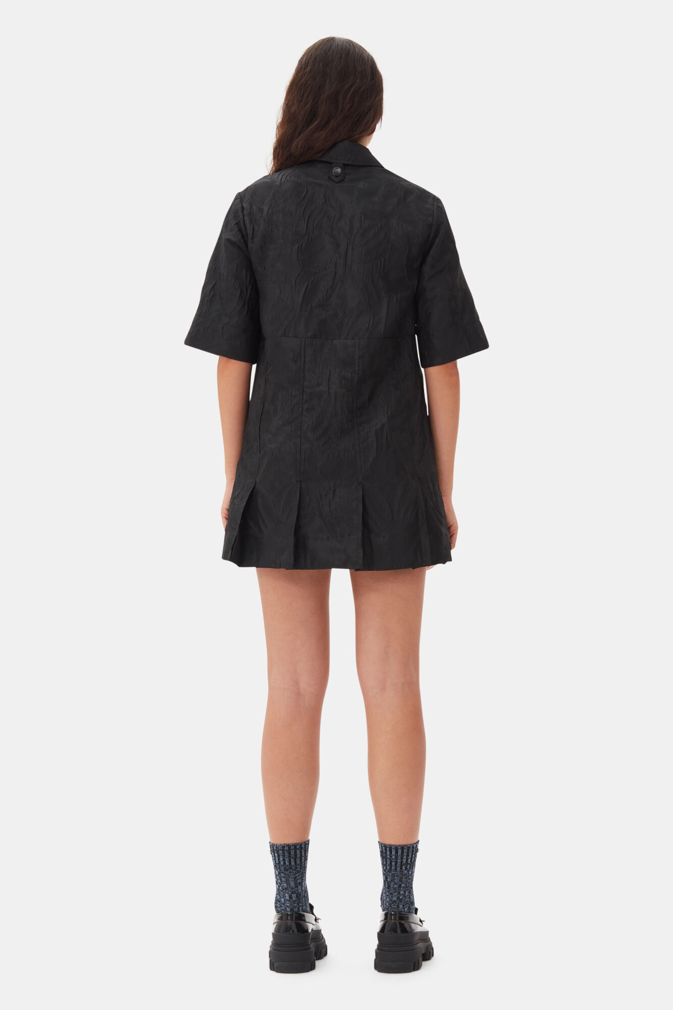 Black Textured Cloque Pleated Mini Dress, Nylon, in colour Black - 4 - GANNI