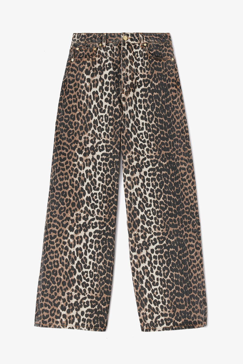 Lari Jeans in Leopard Print, Organic Cotton, in colour Almond Milk - 1 - GANNI